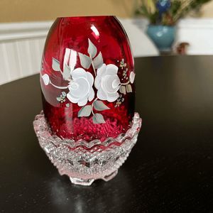 Vintage Fenton Hand Painted White Floral Design Over Clear Red Glass Fairy Lamp